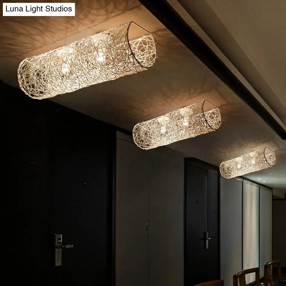 Simplicity Rattan Flush Mount Ceiling Light - Cylindrical Restaurant Lighting