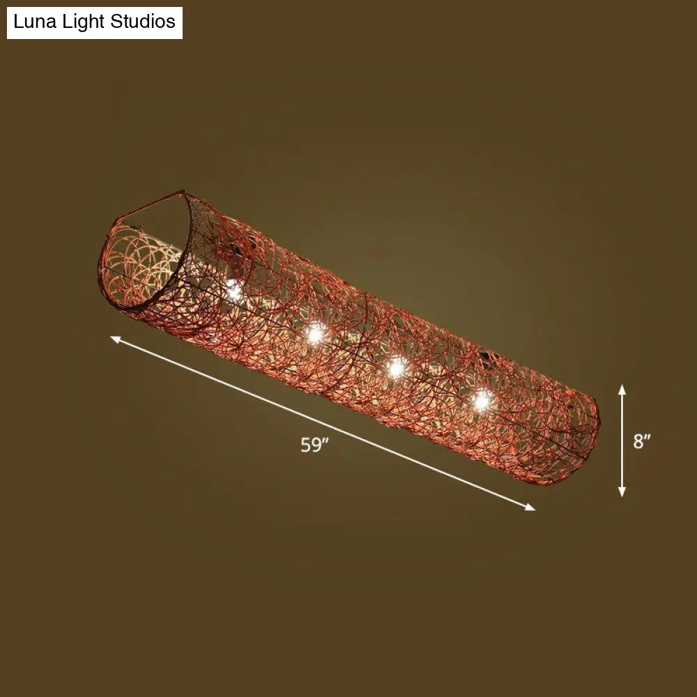Simplicity Rattan Flush Mount Ceiling Light - Cylindrical Restaurant Lighting 4 / Brown