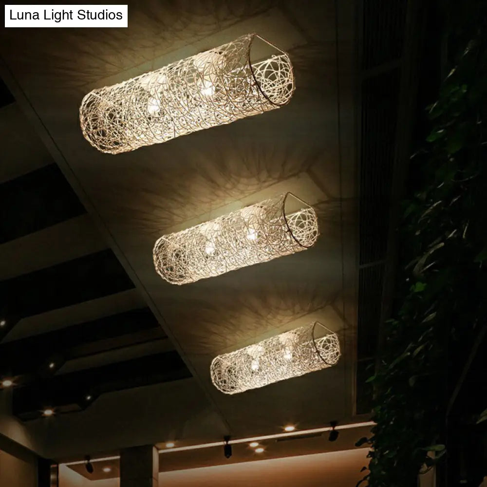 Simplicity Rattan Flush Mount Ceiling Light - Cylindrical Restaurant Lighting