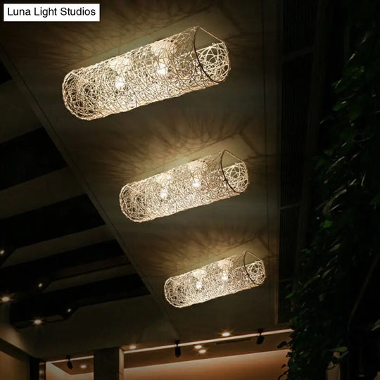 Simplicity Rattan Flush Mount Ceiling Light - Cylindrical Restaurant Lighting