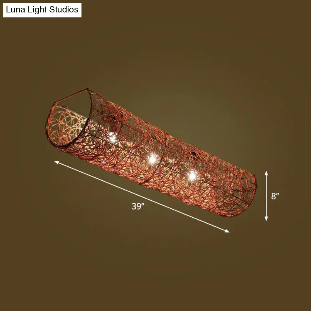 Simplicity Rattan Flush Mount Ceiling Light - Cylindrical Restaurant Lighting 3 / Brown