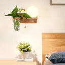 Simplicity White Glass Geometric Wall Sconce With Pull Chain - Single Corridor Light Wood Mounted /