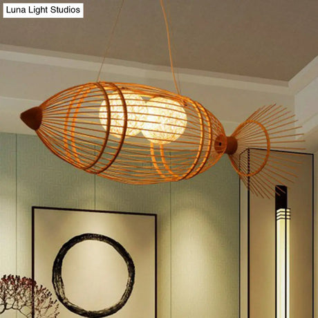 Simplicity Wood Fish Chandelier: 2-Bulb Bamboo Pendant Light For Restaurants
