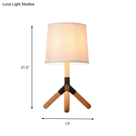 Simplicity Wood Tri-Leg Table Lamp With 1 Light And White Barrel Fabric Shade - Perfect For