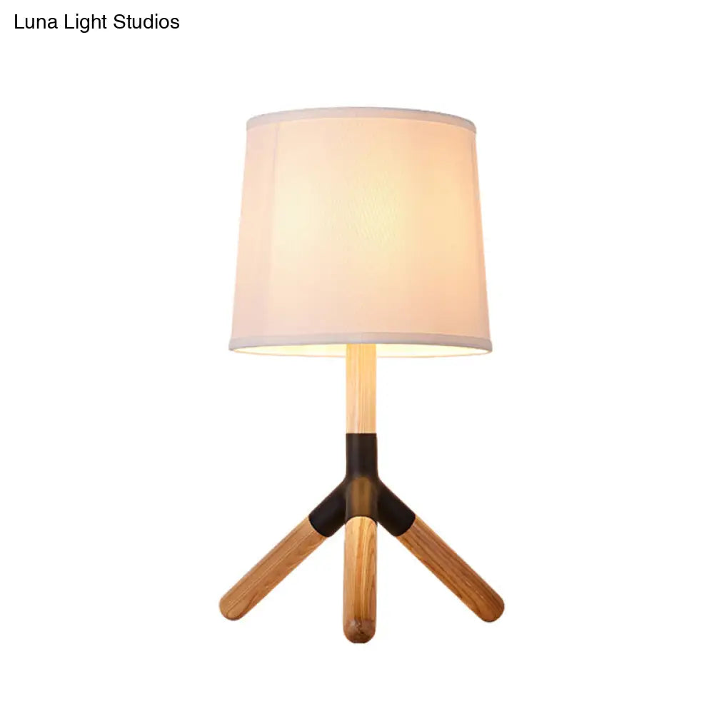 Simplicity Wood Tri-Leg Table Lamp With 1 Light And White Barrel Fabric Shade - Perfect For