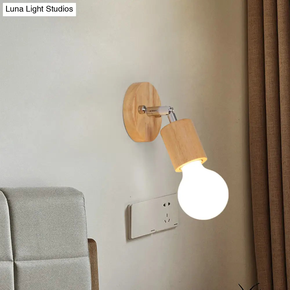 Simplistic Wood Open Bulb Mini Rotating Sconce Lamp For Single Bedroom Wall Lighting
