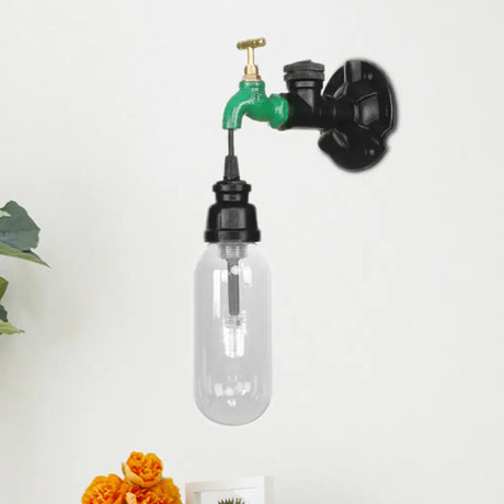 Single Bulb Industrial Wall Sconce With Clear Glass Shade And Black Pipe Mount / D