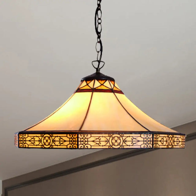 Single Bulb Stained Glass Tiffany-Style Cone Pendant Light In Beige For Living Room