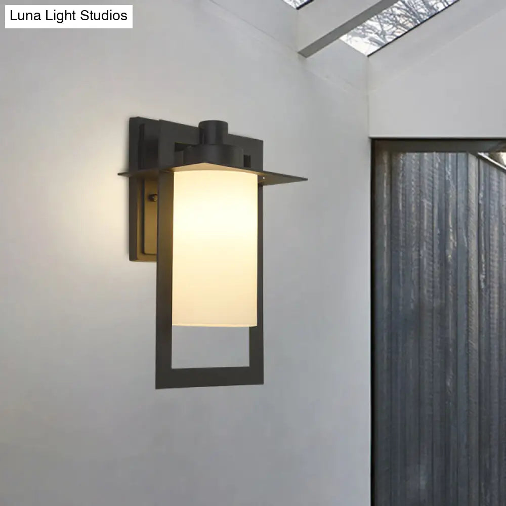 Single Bulb White Glass Wall Sconce In Black With Countryside Cylinder Design