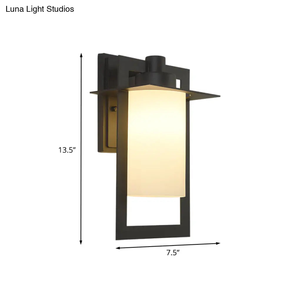 Single Bulb White Glass Wall Sconce In Black With Countryside Cylinder Design