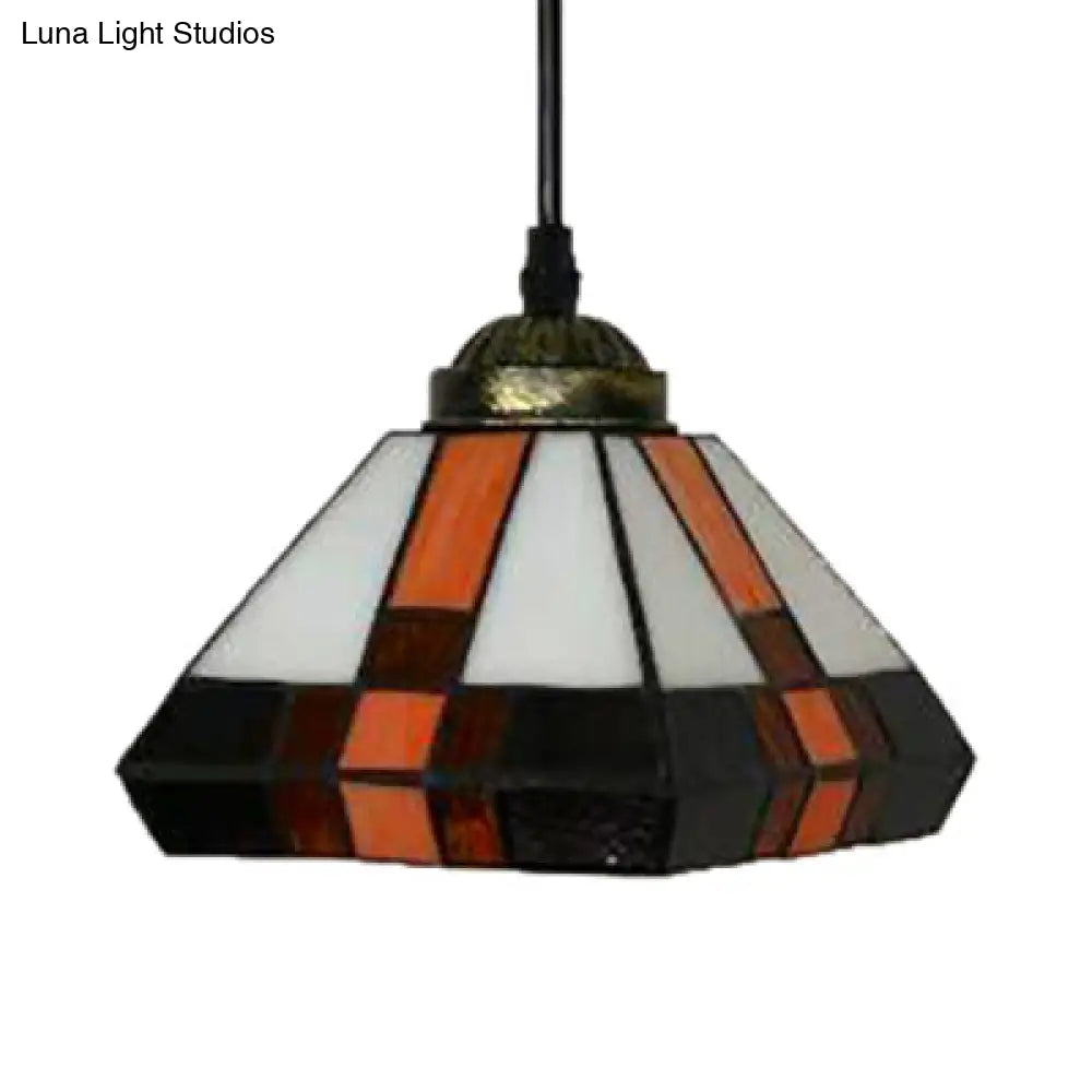 Single Light Tiffany Stained Glass Pendant Lamp For Dining Room - Geometric Brown Fixture