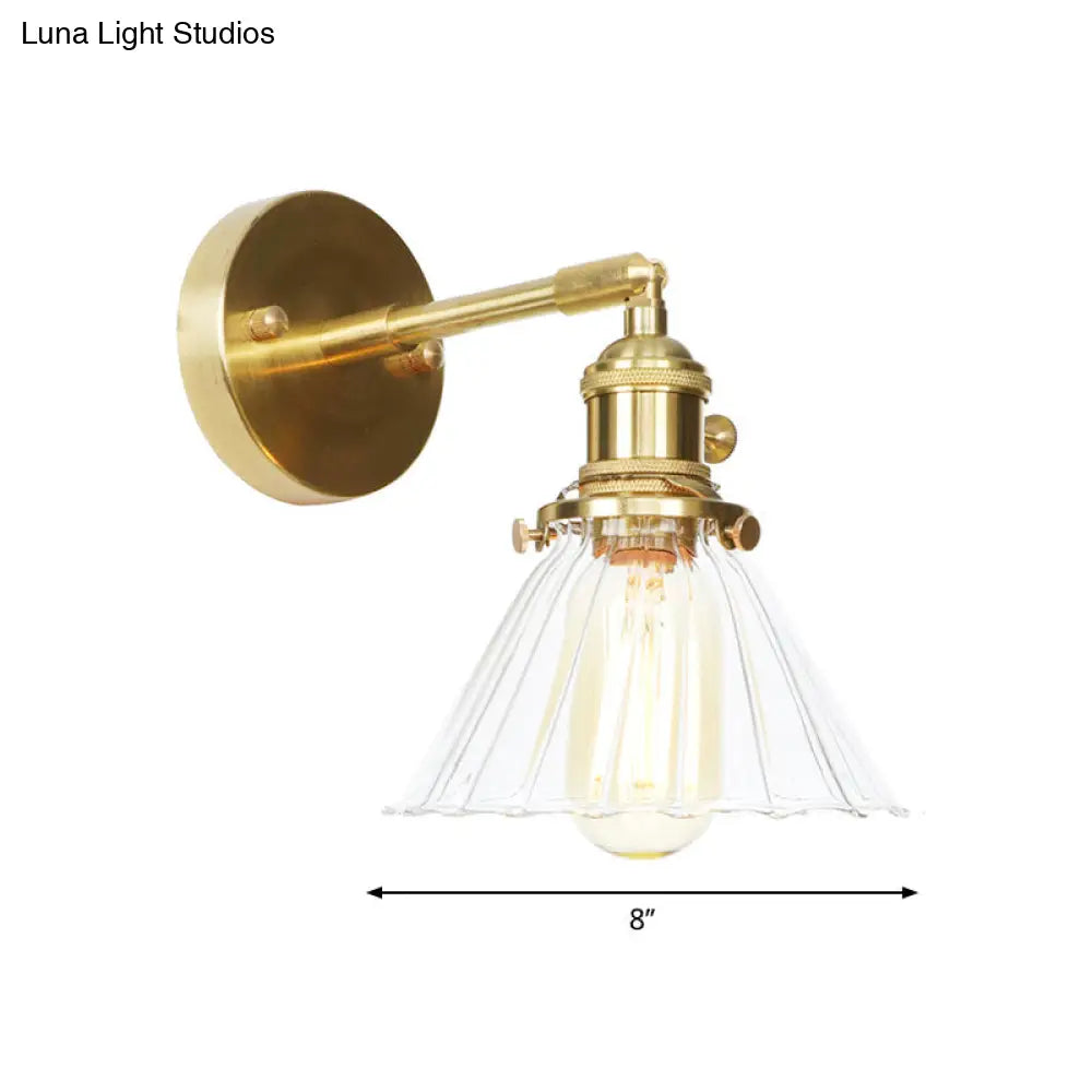 Single Light Vintage Cone Shade Wall Mount With Clear Ruffle Glass - Elegant Lighting