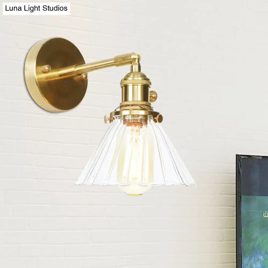 Single Light Vintage Cone Shade Wall Mount With Clear Ruffle Glass - Elegant Lighting
