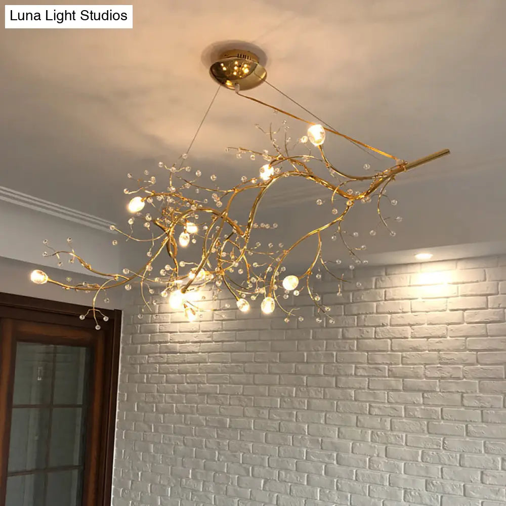 Situla - Metallic Thin Branch Chandelier With Crystal Bead 10 Lights Romantic Suspension Light For