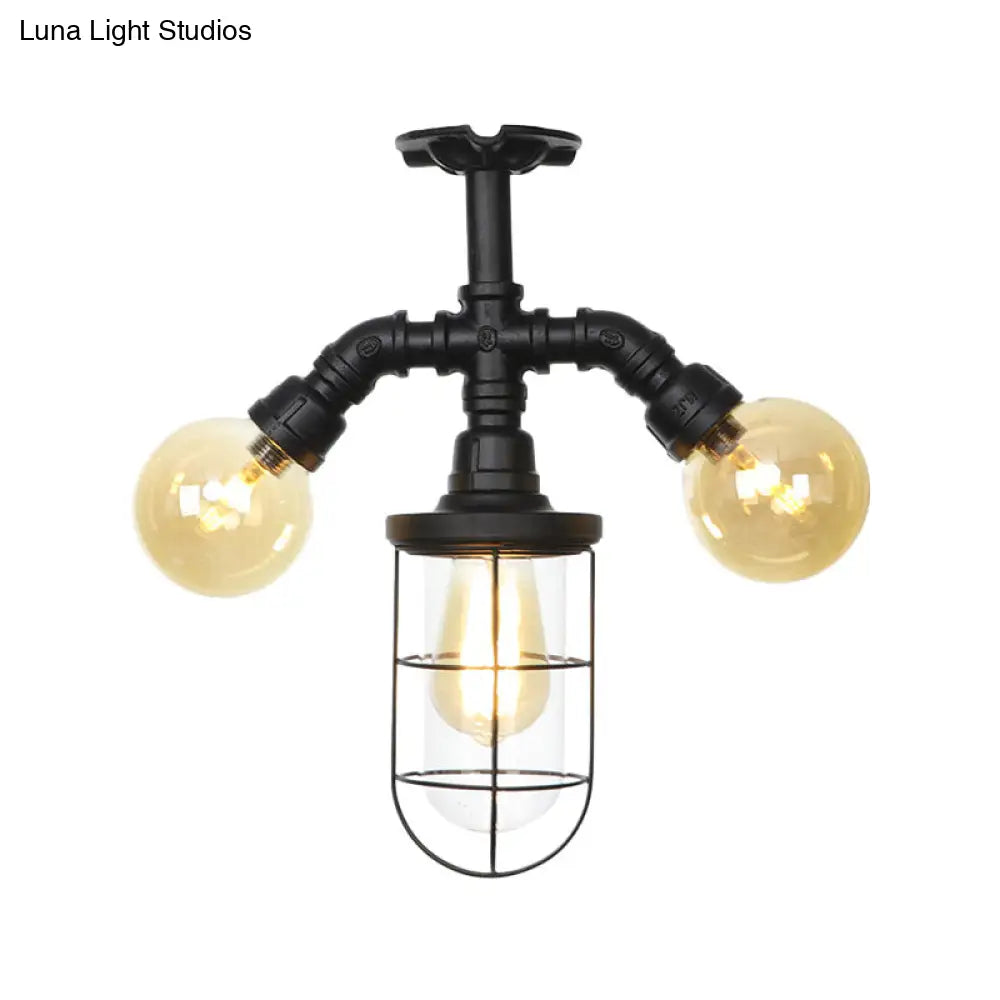 Industrial Black 3-Head Foyer Semi Flush Mount With Glass Ball/Capsule And Cage