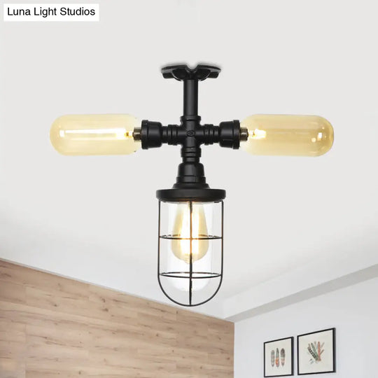 Industrial Black 3-Head Foyer Semi Flush Mount With Glass Ball/Capsule And Cage