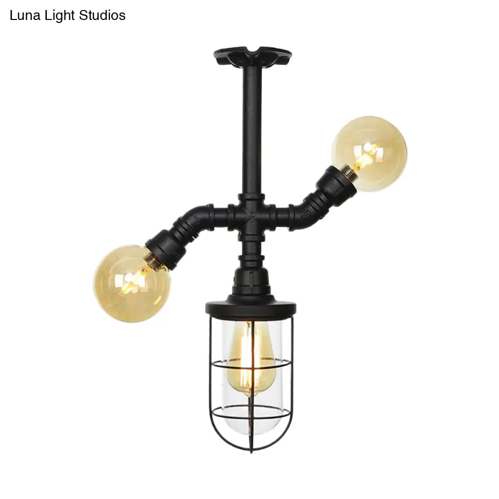 Sleek 3-Head Foyer Semi Flush Mount In Black With Clear Glass Ball/Capsule And Cage