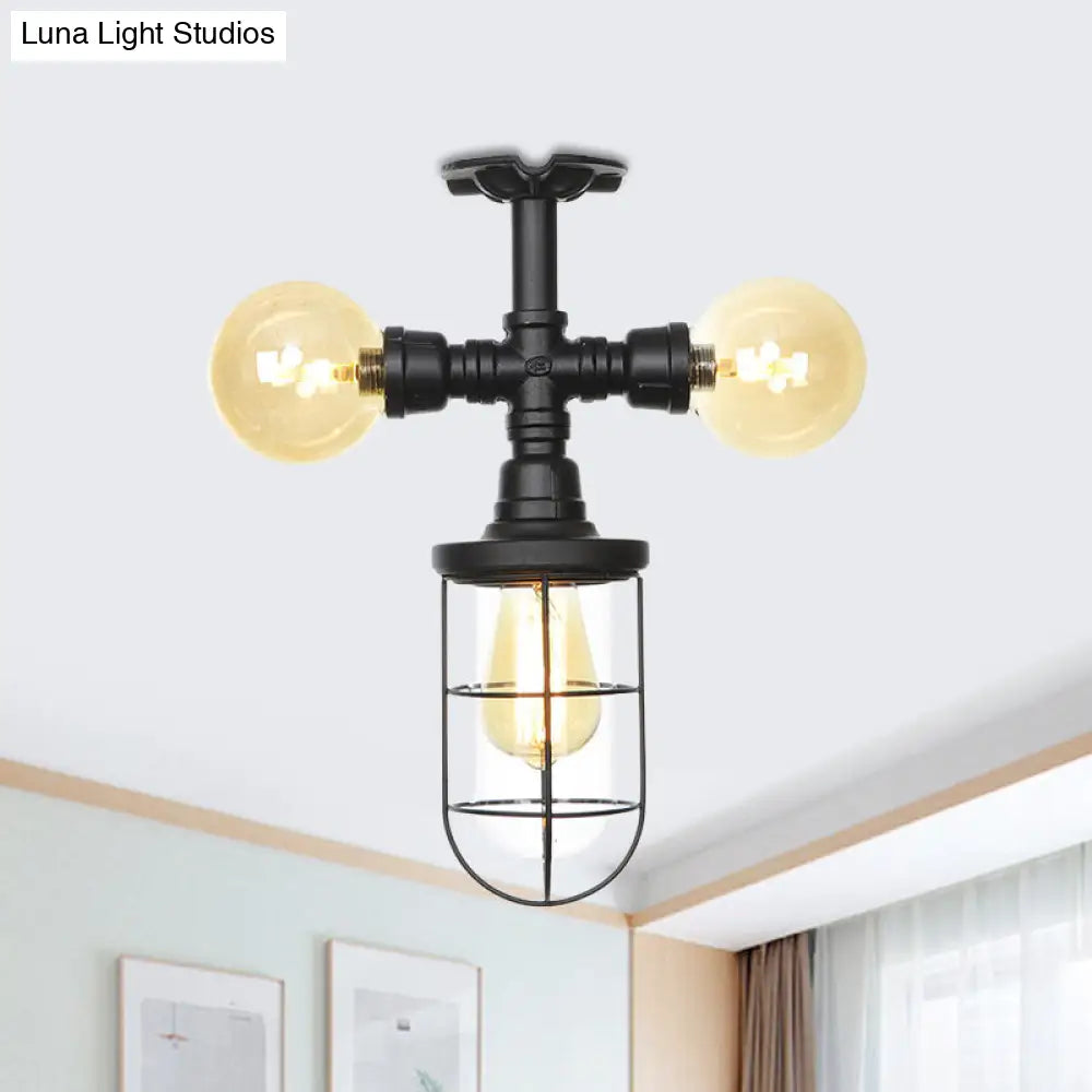 Industrial Black 3-Head Foyer Semi Flush Mount With Glass Ball/Capsule And Cage
