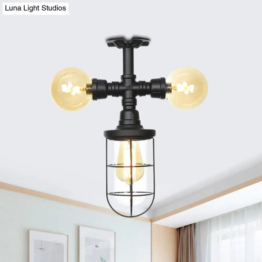 Industrial Black 3-Head Foyer Semi Flush Mount With Glass Ball/Capsule And Cage