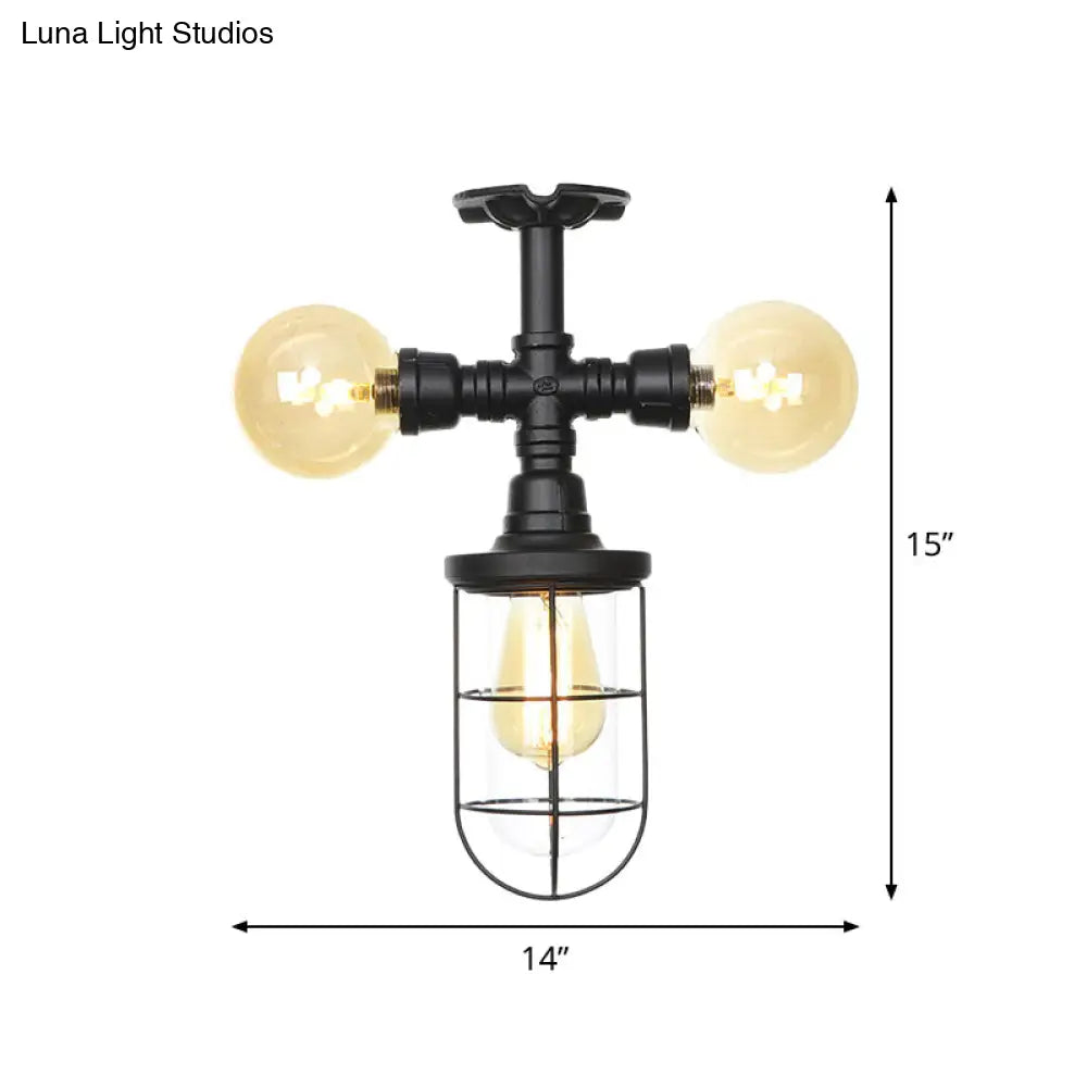 Industrial Black 3-Head Foyer Semi Flush Mount With Glass Ball/Capsule And Cage