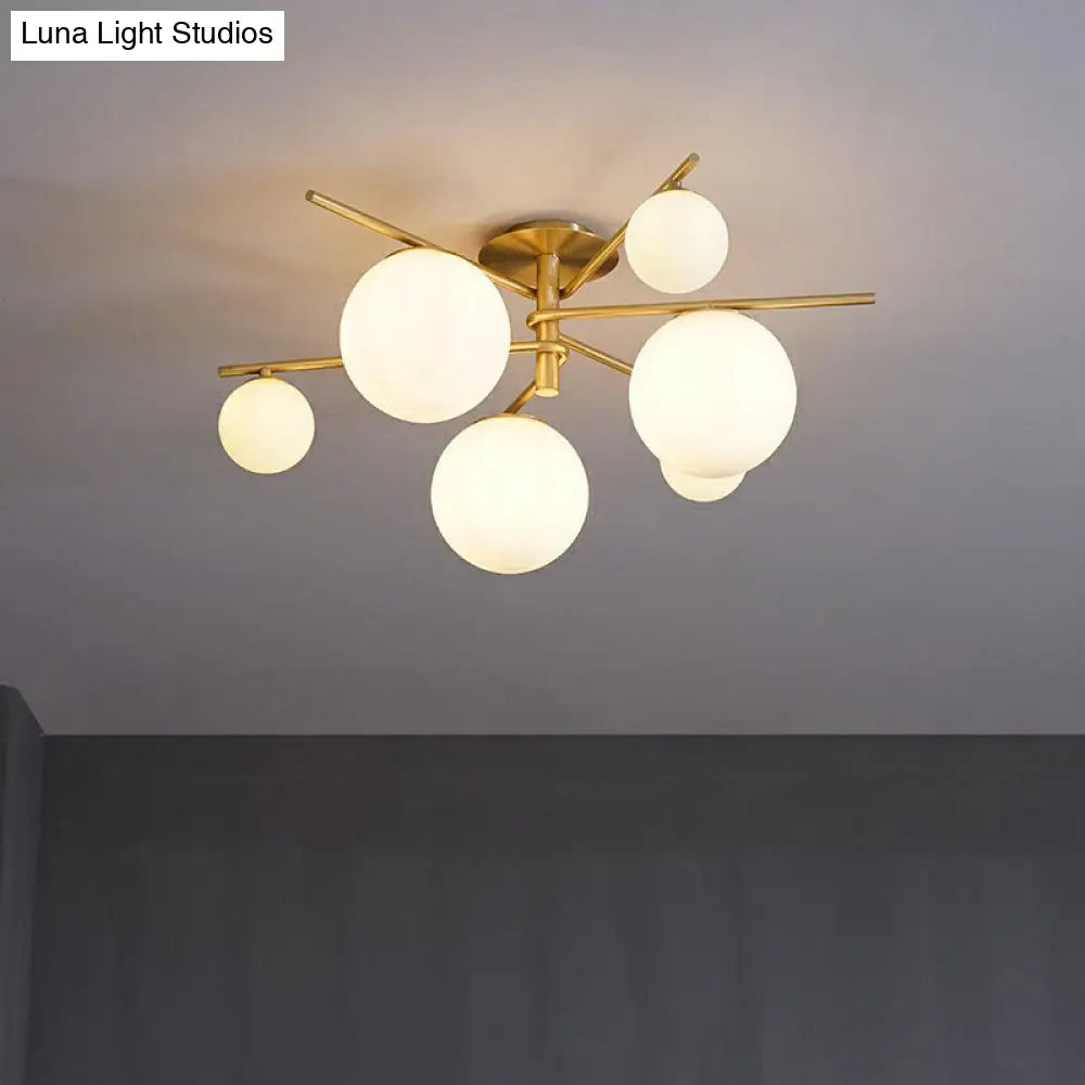 Sleek 6-Light Gold Sputnik Semi Flush Mount Ceiling Lamp With White Glass Ball Shade