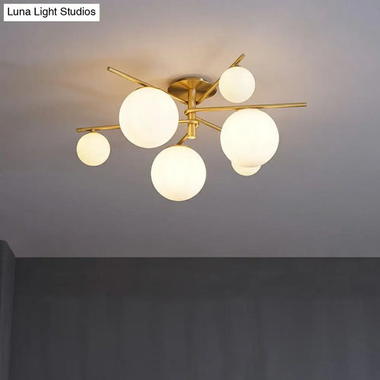 Sleek 6-Light Gold Sputnik Semi Flush Mount Ceiling Lamp With White Glass Ball Shade