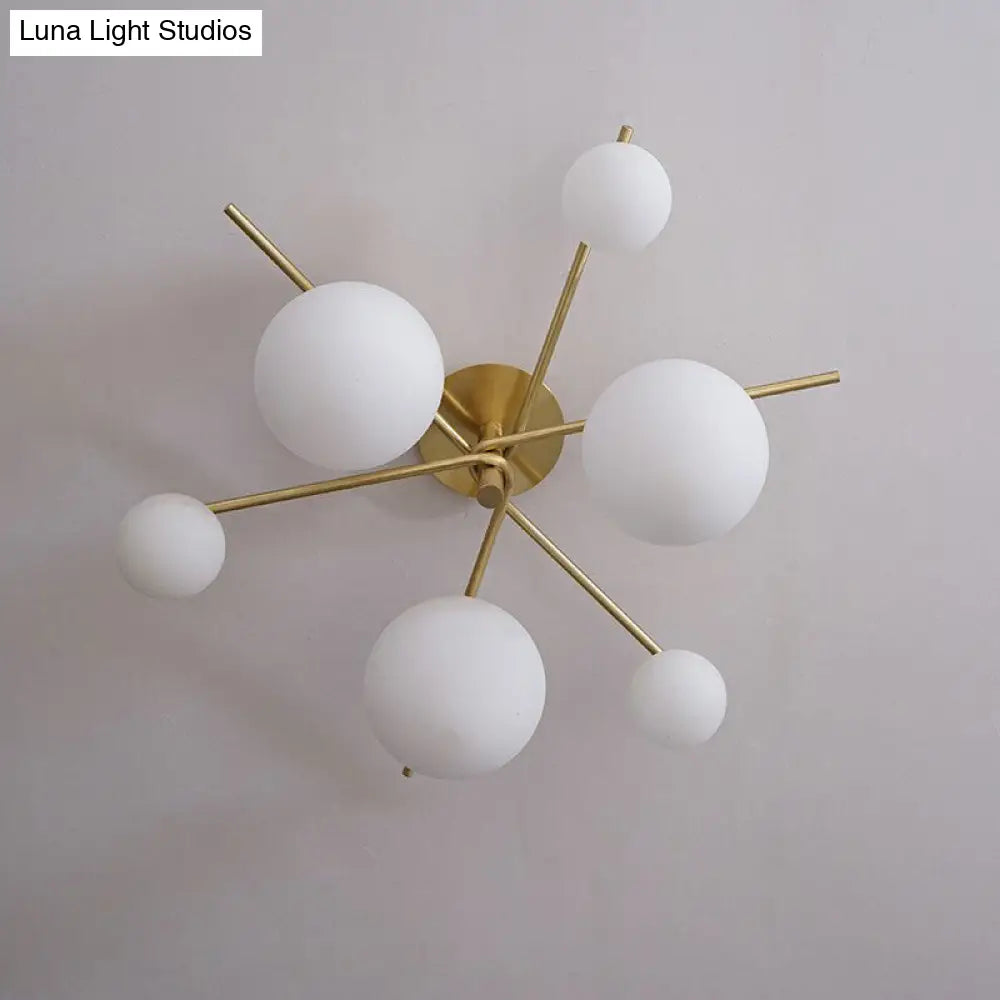 Sleek 6-Light Gold Sputnik Semi Flush Mount Ceiling Lamp With White Glass Ball Shade