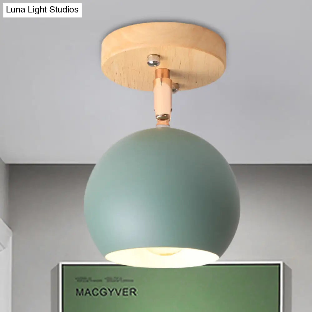 Sleek Adjustable Semi Ceiling Flush Mount With Round Wood Canopy - White/Green Ball Mounted Light
