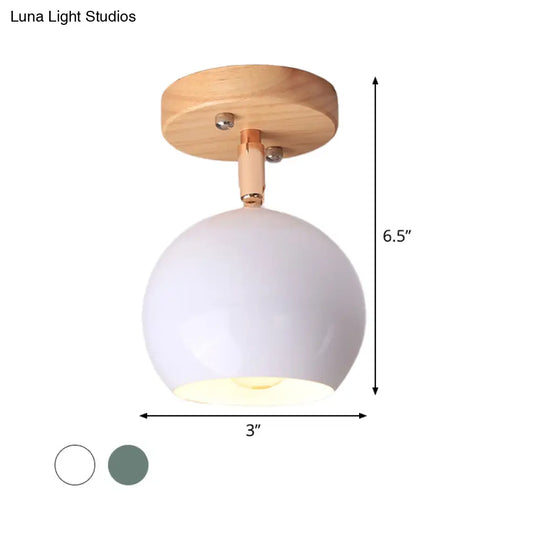 Sleek Adjustable Semi Ceiling Flush Mount With Round Wood Canopy - White/Green Ball Mounted Light
