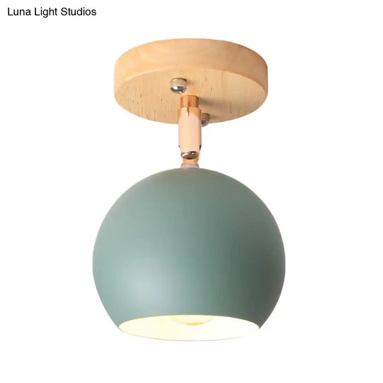 Sleek Adjustable Semi Ceiling Flush Mount With Round Wood Canopy - White/Green Ball Mounted Light