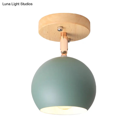 Sleek Adjustable Semi Ceiling Flush Mount With Round Wood Canopy - White/Green Ball Mounted Light
