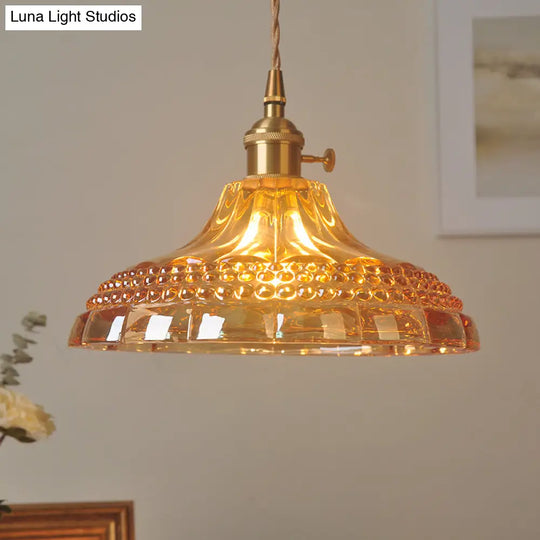 Sleek Amber Glass Pot Lid Pendant Light - Simplicity Style With 1-Bulb For Restaurants