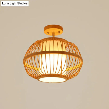 Sleek Asian Bamboo Geometric Semi Flush Mount Ceiling Light With Wood Finish