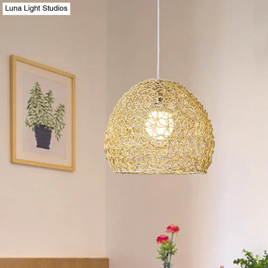 Sleek Bamboo Beige Pendant Light For Dining Room - Hemispherical Pendulum Design