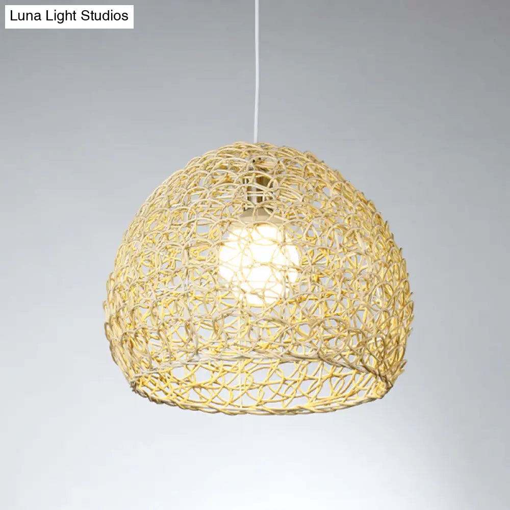 Sleek Bamboo Beige Pendant Light For Dining Room - Hemispherical Pendulum Design