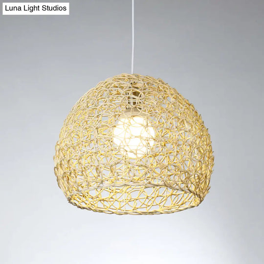 Sleek Bamboo Beige Pendant Light For Dining Room - Hemispherical Pendulum Design
