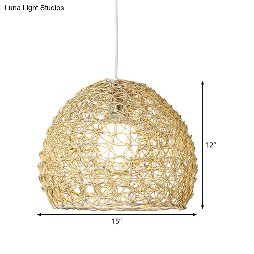 Sleek Bamboo Beige Pendant Light For Dining Room - Hemispherical Pendulum Design