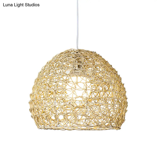 Sleek Bamboo Beige Pendant Light For Dining Room - Hemispherical Pendulum Design