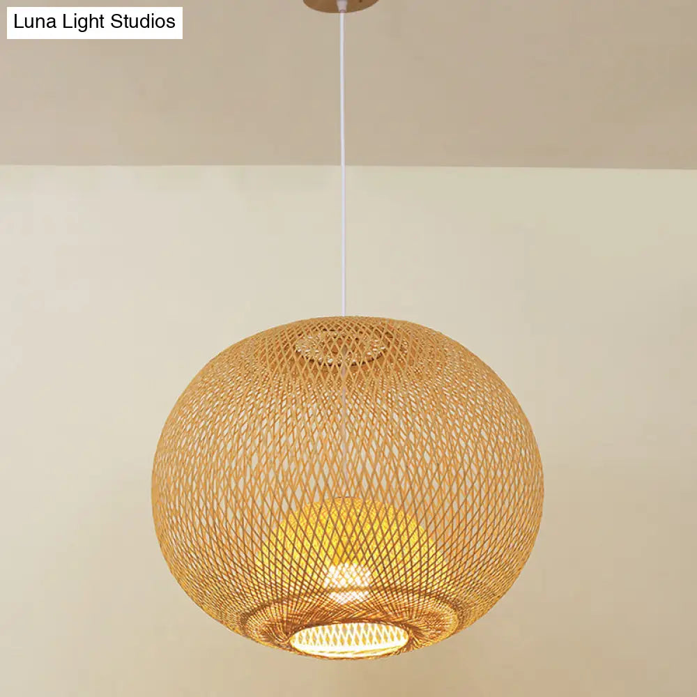 Sleek Bamboo Sphere Suspension Light - Minimalist 1Head Pendant Ceiling Lighting For Tea Room