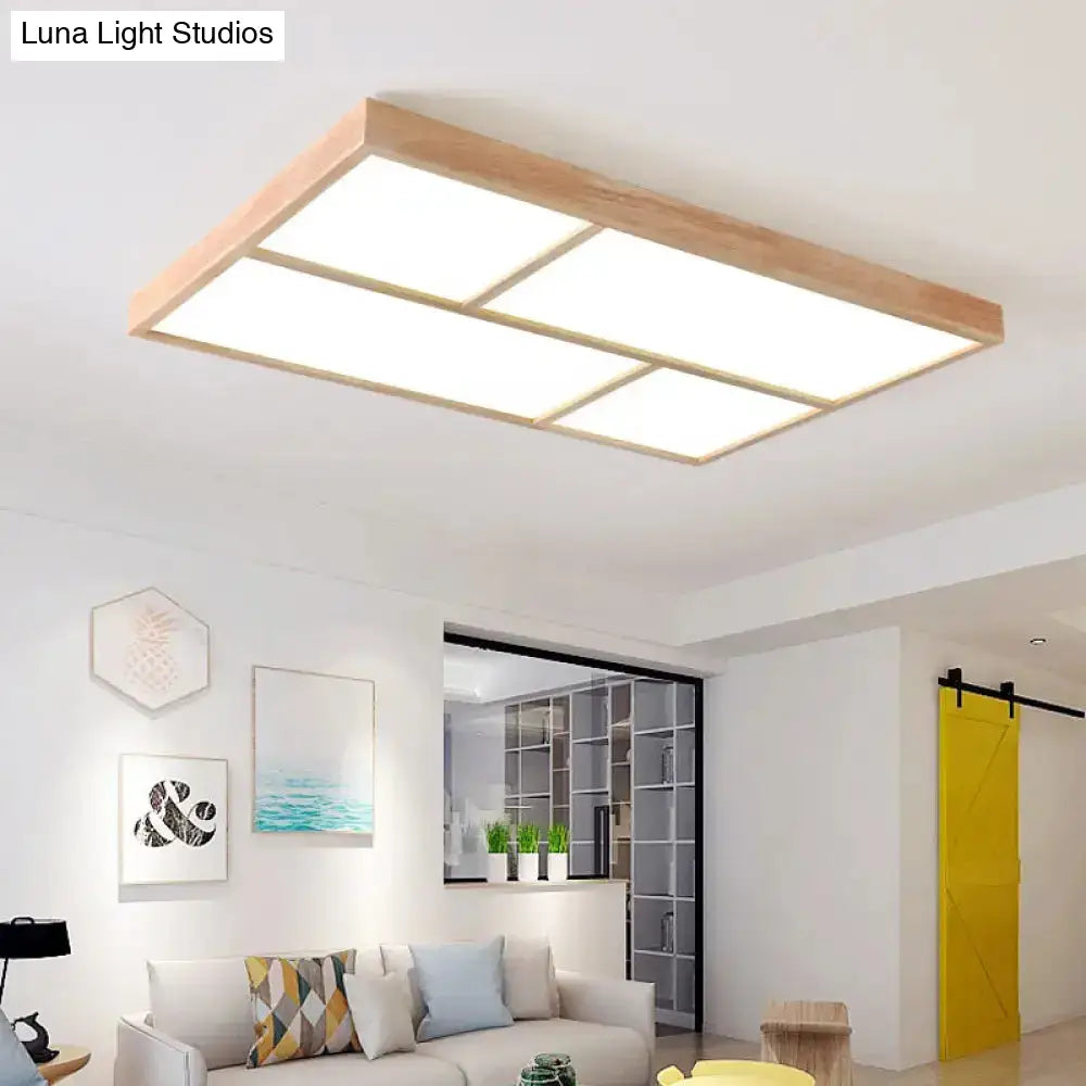 Sleek Beige Led Geometric Wood Flush Mount - Stylish Ceiling Light For Living Room / White Rectangle