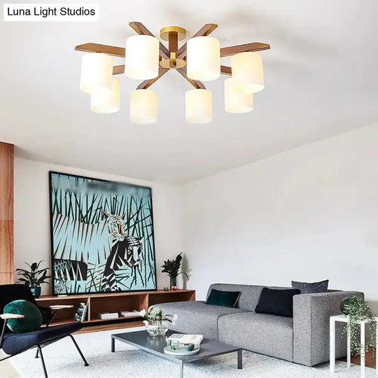 Sleek Beige Semi Mount Light Fixture With Cylinder Cream Glass Shade And Wooden Canopy 8 / Wood