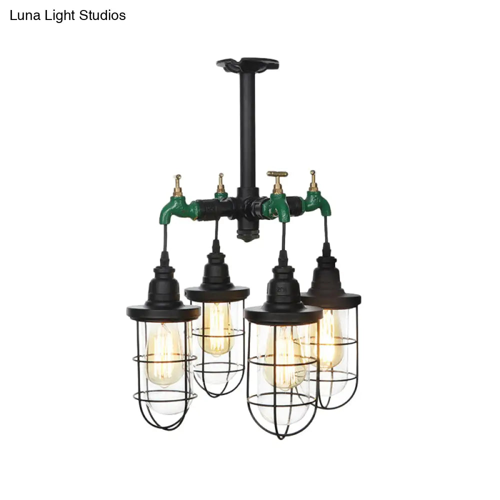 Sleek Black 3/4-Light Semi Mount Industrial Clear Glass Cage Lamp Fixture