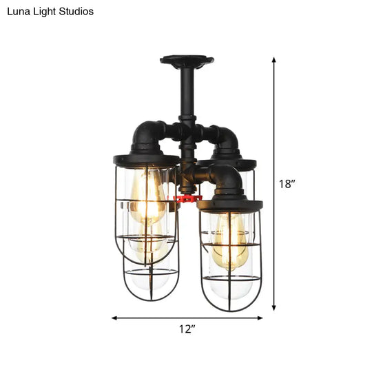 Sleek Black 3/4-Light Semi Mount Industrial Clear Glass Cage Lamp Fixture