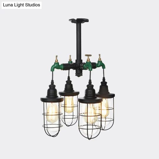 Sleek Black 3/4-Light Semi Mount Industrial Clear Glass Cage Lamp Fixture