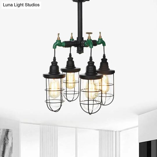 Sleek Black 3/4-Light Semi Mount Industrial Clear Glass Cage Lamp Fixture
