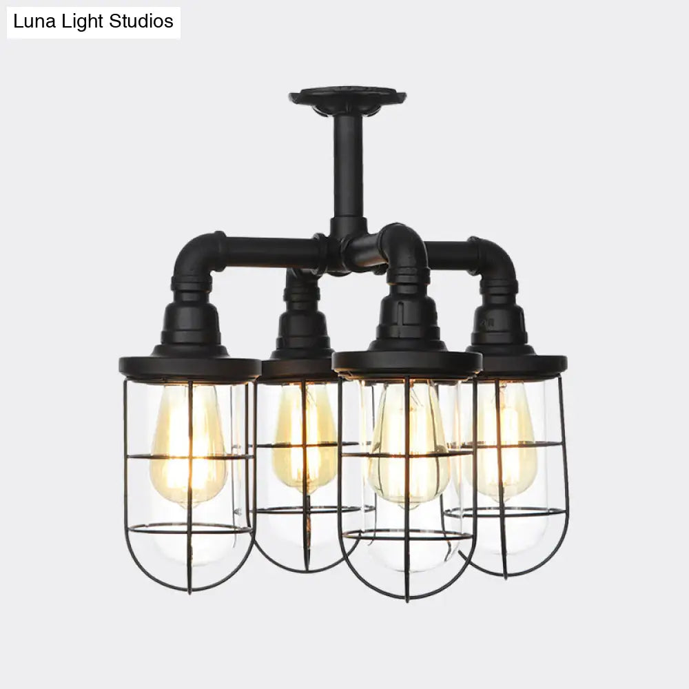 Sleek Black 3/4-Light Semi Mount Industrial Clear Glass Cage Lamp Fixture