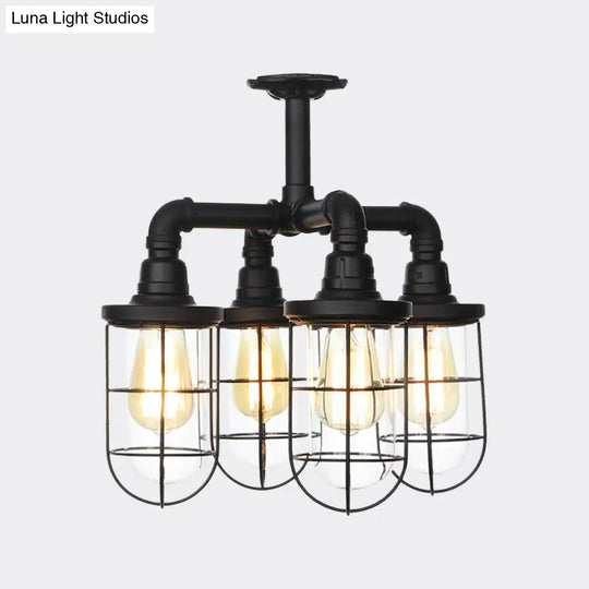 Sleek Black 3/4-Light Semi Mount Industrial Clear Glass Cage Lamp Fixture