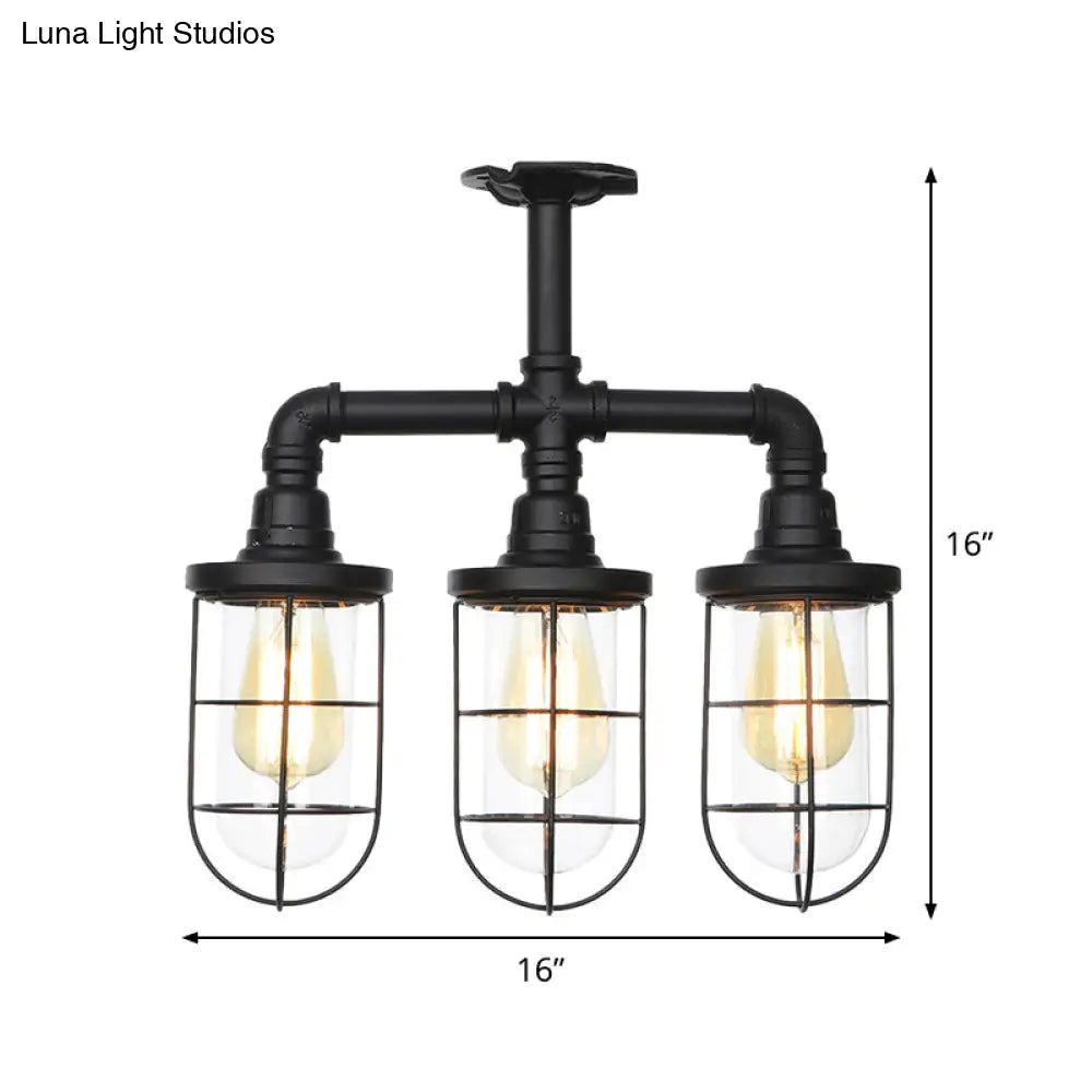 Sleek Black 3/4-Light Semi Mount Industrial Clear Glass Cage Lamp Fixture