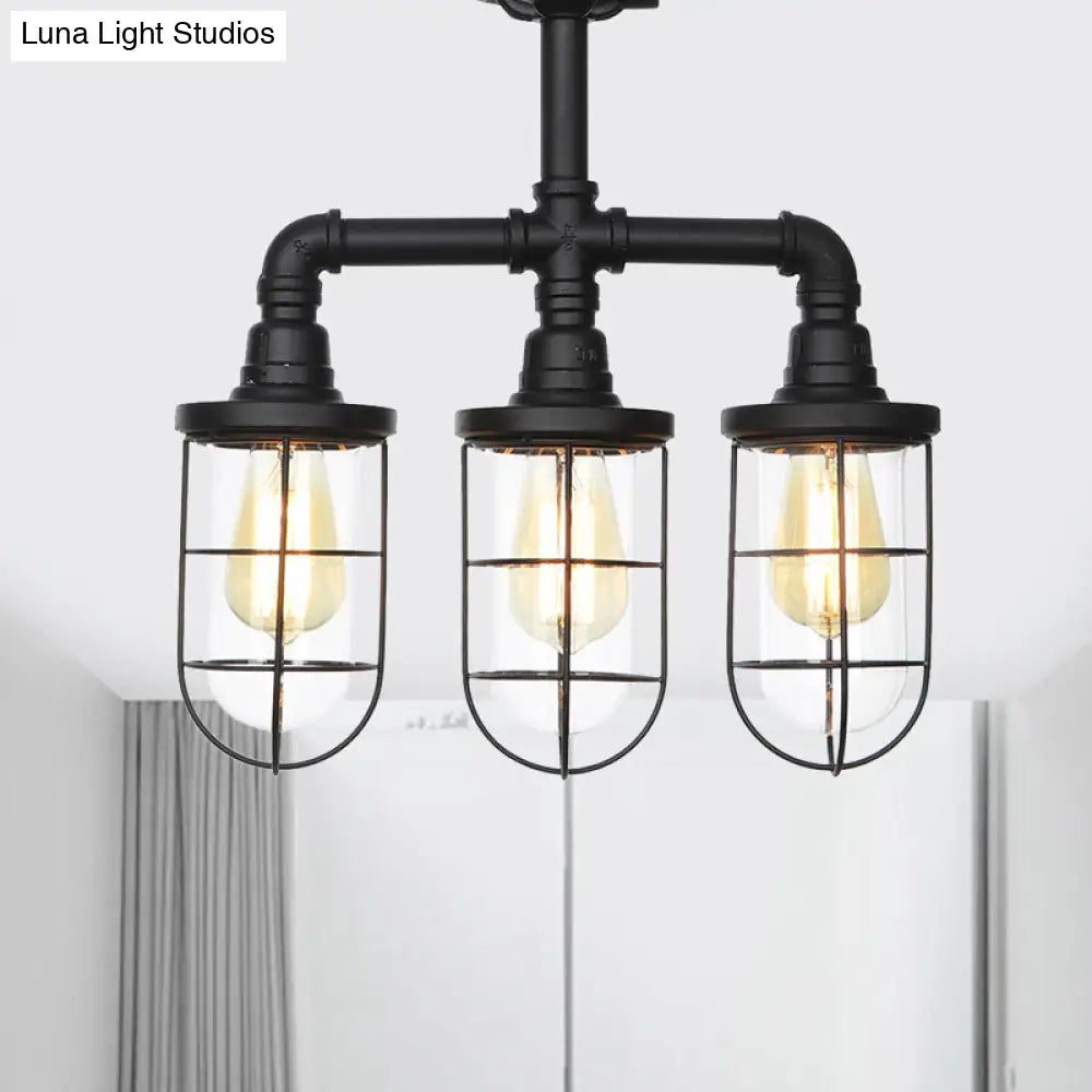 Sleek Black 3/4-Light Semi Mount Industrial Clear Glass Cage Lamp Fixture / A