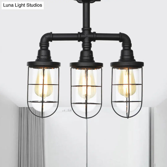 Sleek Black 3/4-Light Semi Mount Industrial Clear Glass Cage Lamp Fixture / A
